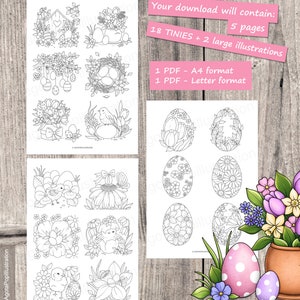 Floral Easter Colouring Page Set for Adults. 18 tiny illustrations and 2 full pages. Printable PDF. Instant download. image 2