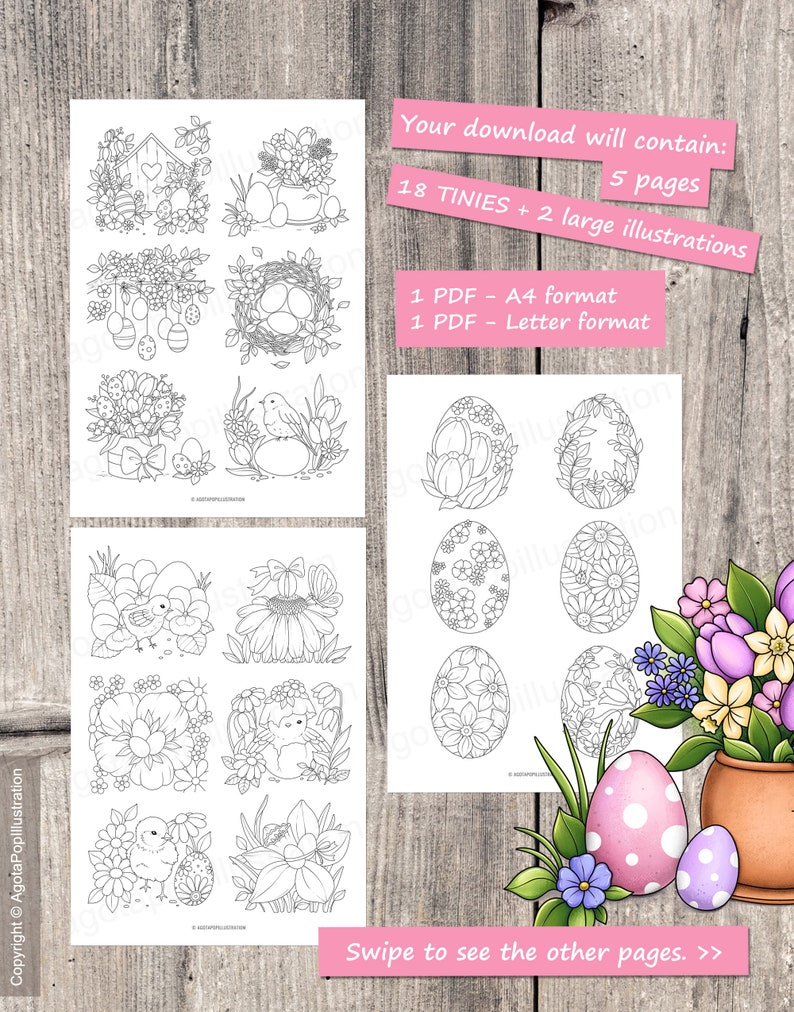 Floral Easter Colouring Page Set for Adults. 18 tiny illustrations and 2 full pages. Printable PDF. Instant download. image 2