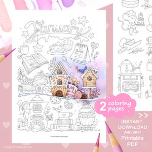 January Tiny Illustrations Coloring Page Set – Whimsical Sweets. Printable PDF