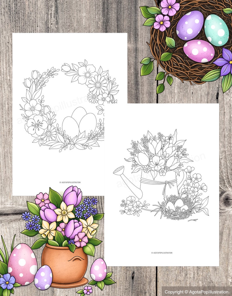Floral Easter Colouring Page Set for Adults. 18 tiny illustrations and 2 full pages. Printable PDF. Instant download. image 3