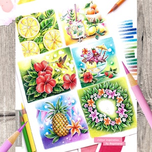 May include: A colourful illustration of summer-themed scenes. The top left image shows lemons and leaves. The top right image shows a glass of lemonade with lemons and flowers. The bottom left image shows a pineapple with a colourful background. The bottom right image shows a wreath of flowers. The middle left image shows a hummingbird and hibiscus flowers. The middle right image shows a sundae with strawberries and a cherry.