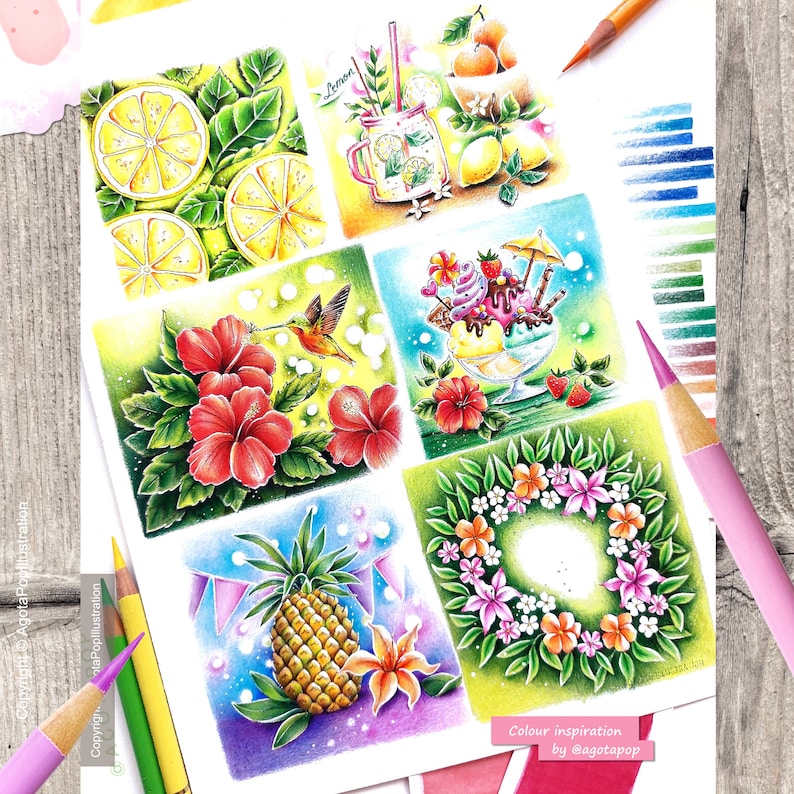May include: A colourful illustration of summer-themed scenes. The top left image shows lemons and leaves. The top right image shows a glass of lemonade with lemons and flowers. The bottom left image shows a pineapple with a colourful background. The bottom right image shows a wreath of flowers. The middle left image shows a hummingbird and hibiscus flowers. The middle right image shows a sundae with strawberries and a cherry.