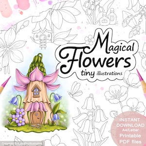 Magical Flowers Colouring Page Set for Adults. 45 tiny illustrations. Printable PDF. Instant download.