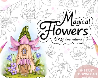 Magical Flowers Colouring Page Set for Adults. 45 tiny illustrations. Printable PDF. Instant download.