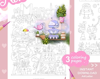 March Tiny Illustrations Coloring Page Set – Robots, Plants in Pots, Gardening. Printable PDF