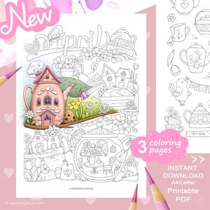 以下が含まれることがあります： 気まぐれなティーパーティーをテーマにした、印刷可能なPDFぬりえページ。イラストには、ティーポット型の家、花、そして「April」の文字が描かれています。3つのぬりえページ、インスタントダウンロード、A4/レターサイズが含まれています。