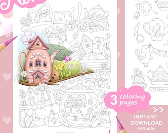 April Tiny Illustrations Kleurplaat Set – Grillige theepotten, bloemen, Pasen. Afdrukbare pdf