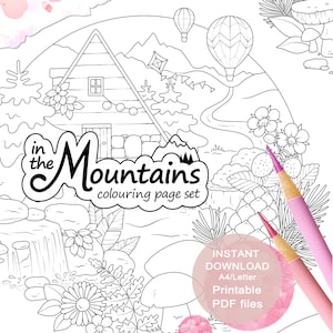 In the Mountains Colouring Page Set for Adults. 3 pages. Printable PDF. Instant download.