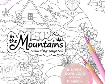 In the Mountains Colouring Page Set for Adults. 3 pages. Printable PDF. Instant download.