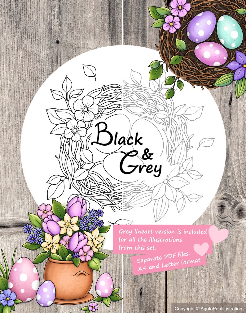 Floral Easter Colouring Page Set for Adults. 18 tiny illustrations and 2 full pages. Printable PDF. Instant download. image 4