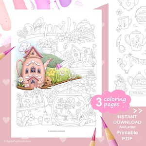 April Tiny Illustrations Coloring Page Set – Whimsical Teapots, Flowers, Easter. Printable PDF