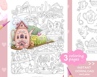 Set di pagine da colorare con piccole illustrazioni di aprile: teiere fantasiose, fiori, Pasqua. PDF stampabile.