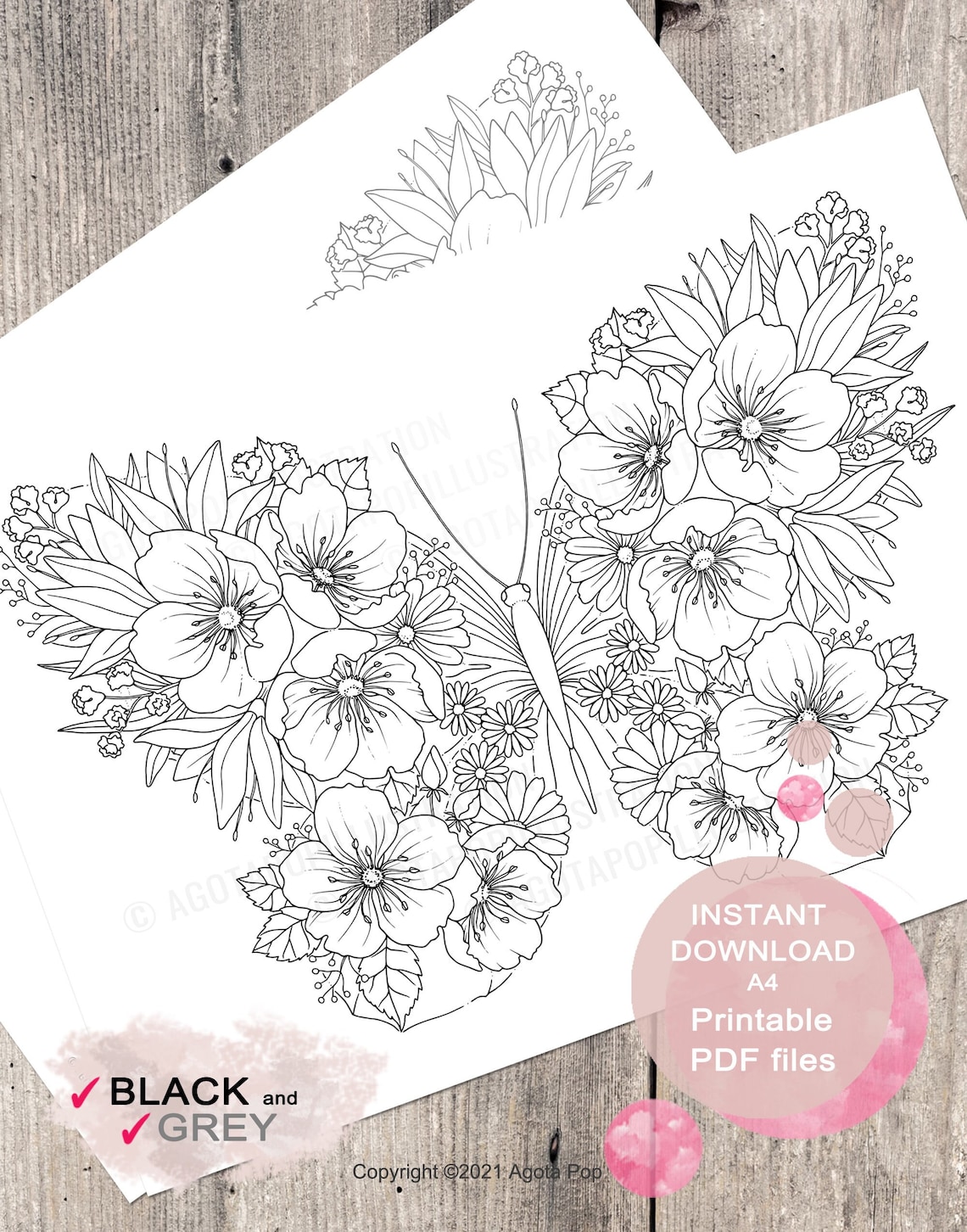Floral Butterfly II. Coloring Page for Adults. Printable PDF. Instant ...