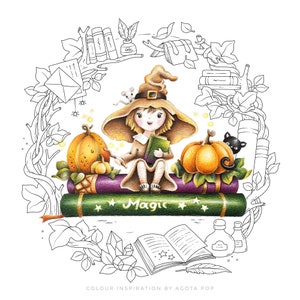 May include: A black and white illustration of a witch sitting on a book that says "Magic" with pumpkins and a black cat on either side. The witch is wearing a hat and holding a book. There are other illustrations around the witch, including books, a quill, an inkwell, and a crystal.