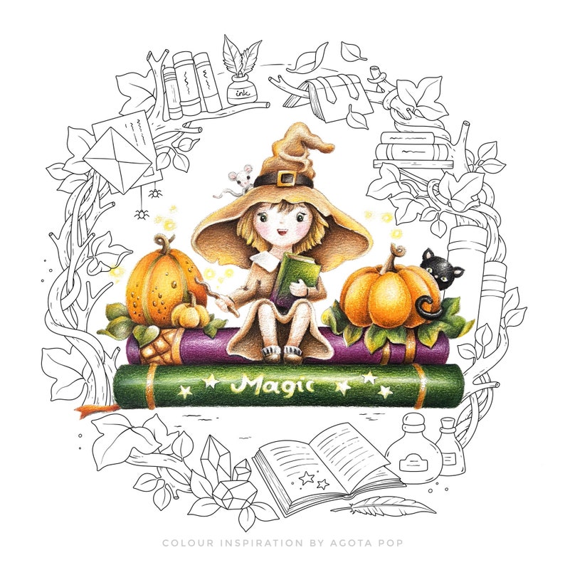 May include: A black and white illustration of a witch sitting on a book that says "Magic" with pumpkins and a black cat on either side. The witch is wearing a hat and holding a book. There are other illustrations around the witch, including books, a quill, an inkwell, and a crystal.
