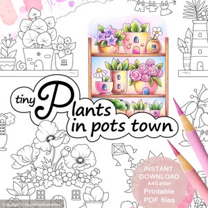 Tiny Plants in Pots Coloring Page Set: 3 Printable Pages (PDF Download)