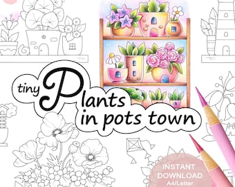 Conjunto de páginas para colorear con ilustraciones pequeñas de Plants in Pots Town para adultos. 3 páginas. PDF imprimible. Descarga instantánea.