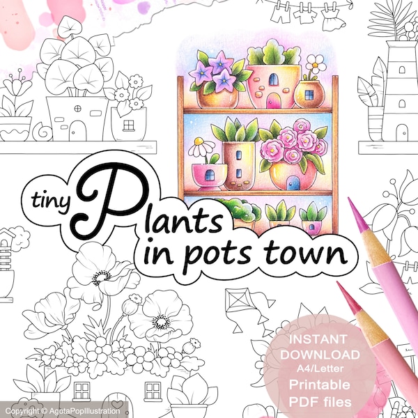 Plants in Pots Town Tiny Illustrations Colouring Page Set for Adults. 3 pages. Printable PDF. Instant download.