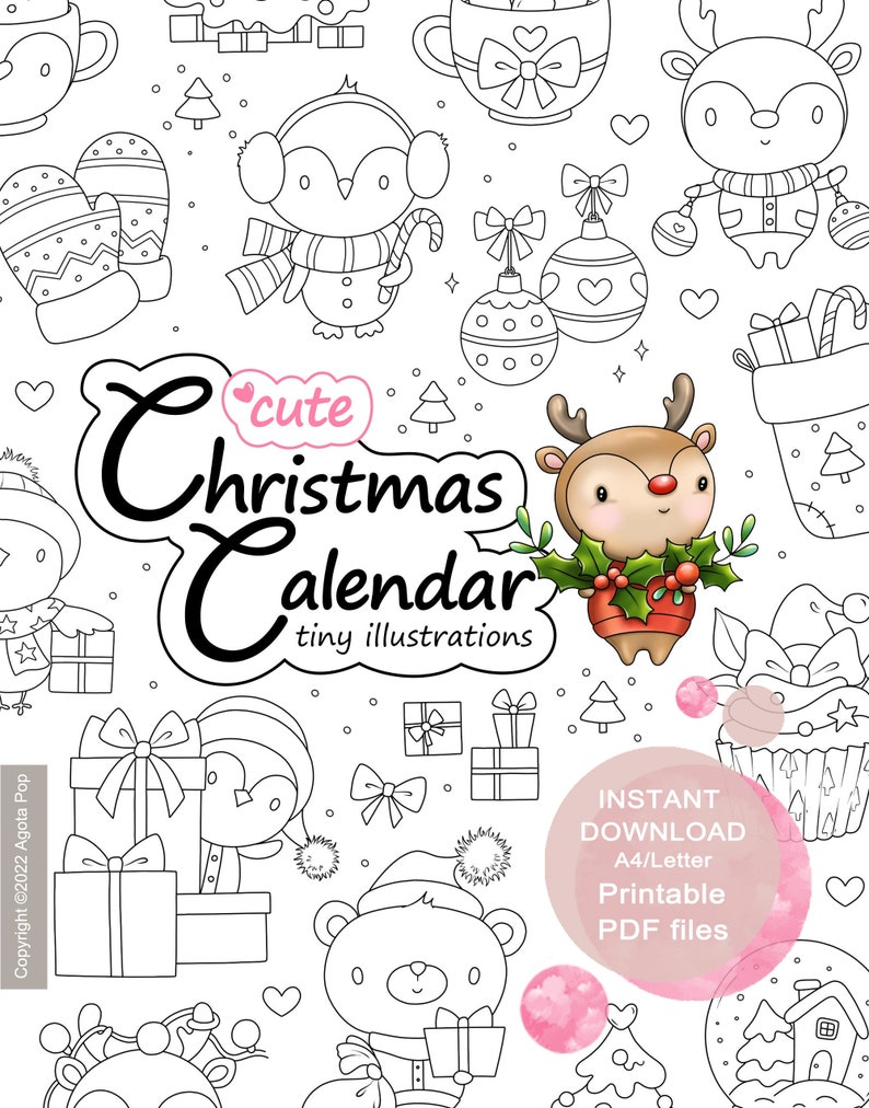 Cute Christmas Calendar Colouring Page Set for Adults and Kids. 24 tiny illustrations. Printable PDF. Instant download. image 1