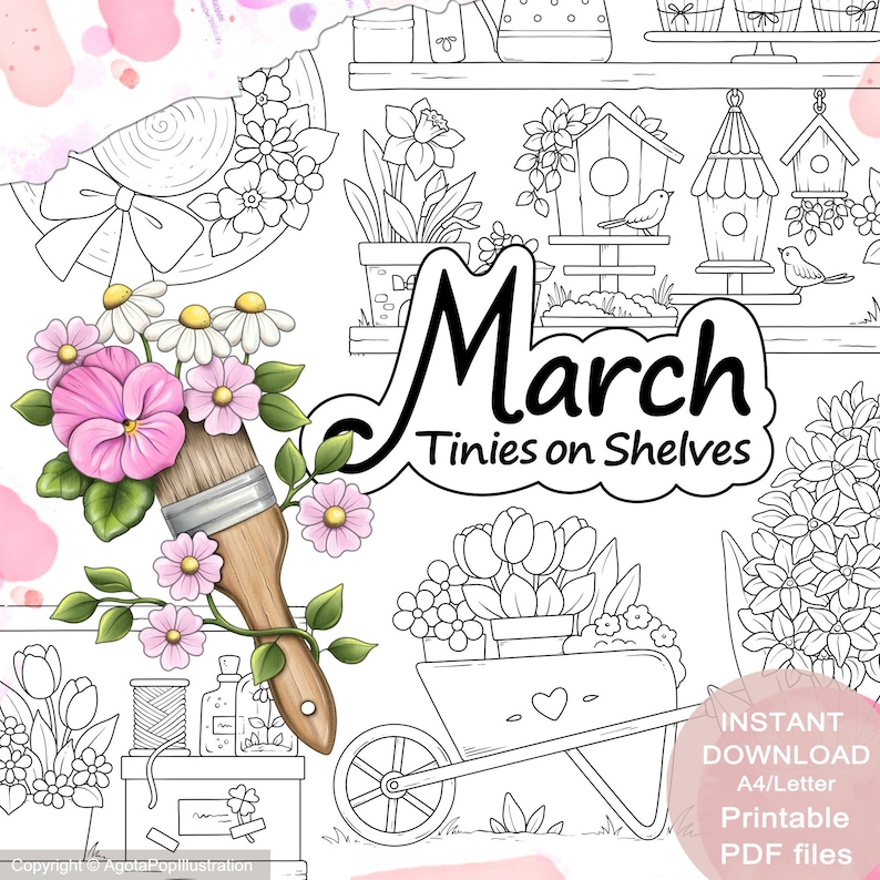 Tinies on Shelves MARCH Colouring Page Set for Adults. 5 pages. Printable PDF. Instant download. image 1