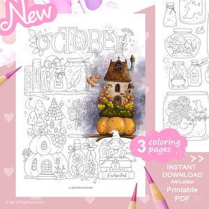 Puede incluir: Una página para colorear imprimible titulada OCTOBER con dibujos de frascos, setas, una casa calabaza y una rana sobre libros. Una parte está coloreada en tonos naranja, marrón y verde. El texto incluye "New", "3 coloring pages" e "Instant Download".