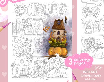 Set di pagine da colorare con piccole illustrazioni di ottobre - Halloween magico. PDF stampabile.