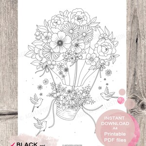 Floral Air Balloon Colouring Page for Adults. Printable PDF. Instant download. image 2