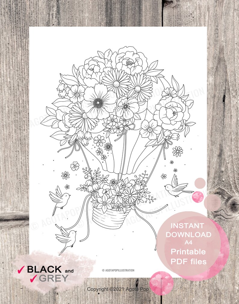 Floral Air Balloon Colouring Page for Adults. Printable PDF. Instant download. image 2