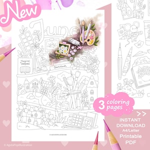 Può includere: Una pagina di libro da colorare in bianco e nero con la parola "June" a lettere grandi. La pagina presenta illustrazioni di materiali artistici, fiori ed edifici. Il testo include "Magical Crayons", "Sketchbook" e "3 coloring pages".
