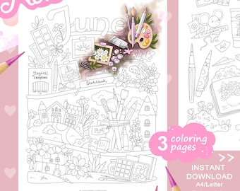 June Tiny Illustrations Coloring Page Set – Art Supplies Theme. Printable PDF