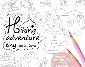 Hiking Adventure Colouring Page Set for Adults. 24 tiny illustrations. Printable PDF. Instant download.