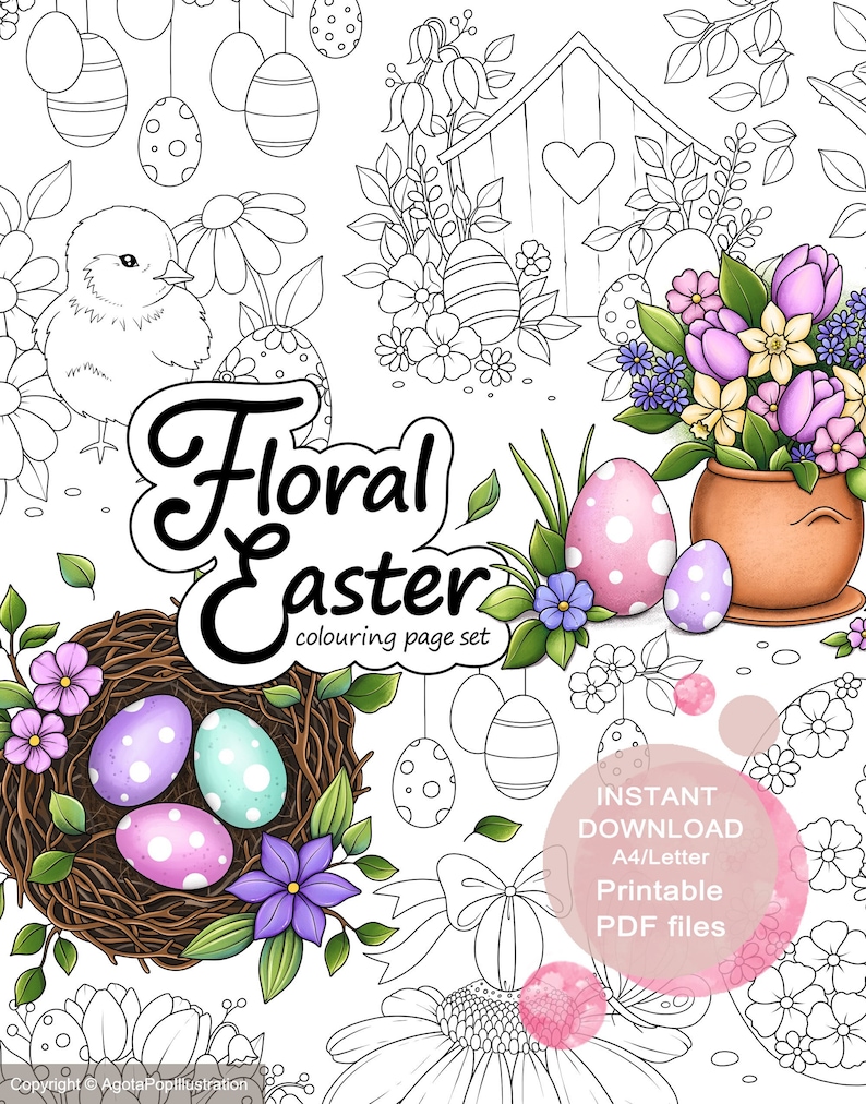 Floral Easter Colouring Page Set for Adults. 18 tiny illustrations and 2 full pages. Printable PDF. Instant download. image 1