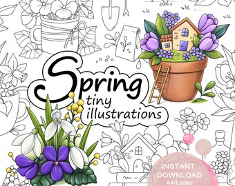 Spring Tiny Illustrations Colouring Page Set for Adults. 24 floral tiny illustrations. Printable PDF. Instant download.