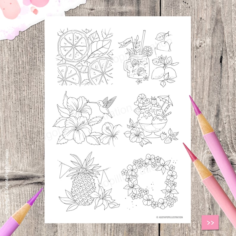 May include: A black and white colouring page with six different summer themed illustrations. The illustrations include a pineapple, a hummingbird, a glass of lemonade, a bowl of ice cream, a wreath of flowers, and a plate of lemons.