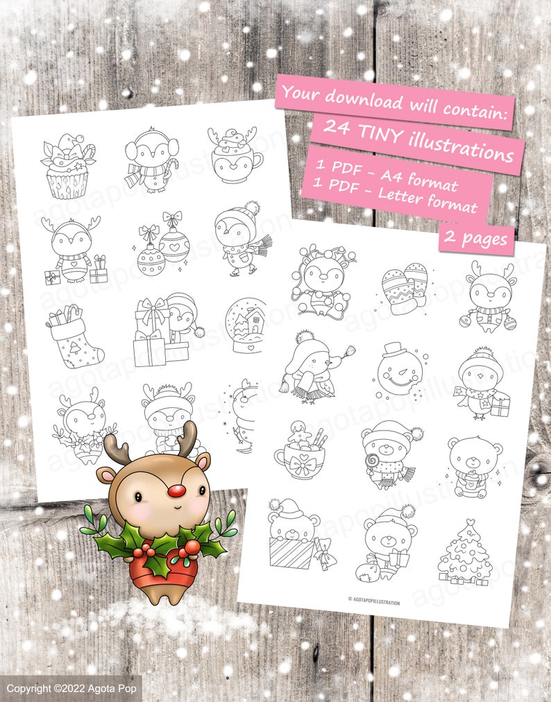 Cute Christmas Calendar Colouring Page Set for Adults and Kids. 24 tiny illustrations. Printable PDF. Instant download. image 2