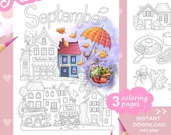 Set di pagine da colorare con piccole illustrazioni di settembre: cittadina accogliente, raccolto, cibo. PDF stampabile.