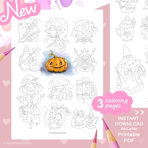 Puede incluir: Una hoja de colorear digital con varias ilustraciones de arte lineal que incluyen un espantapájaros, botellas de pociones, una bola de cristal, libros y una calabaza naranja coloreada. El texto incluye "New", "3 coloring pages" y "Instant Download".