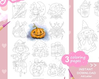 Tiny Halloween Illustrations Coloring Pages - Whimsical Pumpkins, Friendly Ghosts, Magic Potions and more (PDF)