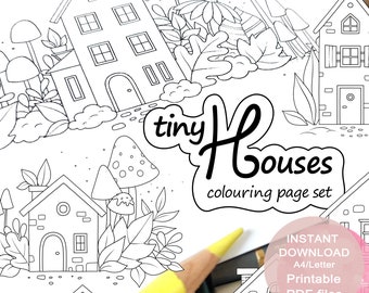 Tiny Houses Colouring Page Set for Adults. 23 tiny illustrations. Printable PDF. Instant download.