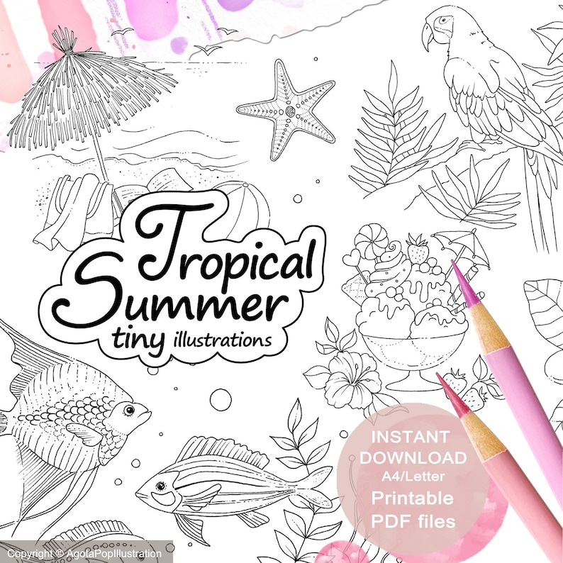 May include: Black and white printable colouring page with the text "Tropical Summer tiny illustrations". The page features a variety of tropical images including a starfish, a parrot, a beach umbrella, a fish, a pineapple, an ice cream sundae, and flowers.