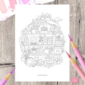 May include: A black and white line drawing of a witch's shelf with potions, books, plants, a cauldron, a crystal ball, a broom, and a cat. The shelf is in the shape of a circle and has the text "Magical creations", "Love Spells", "The Mushroom Book", and "The Herbs Book" on it.
