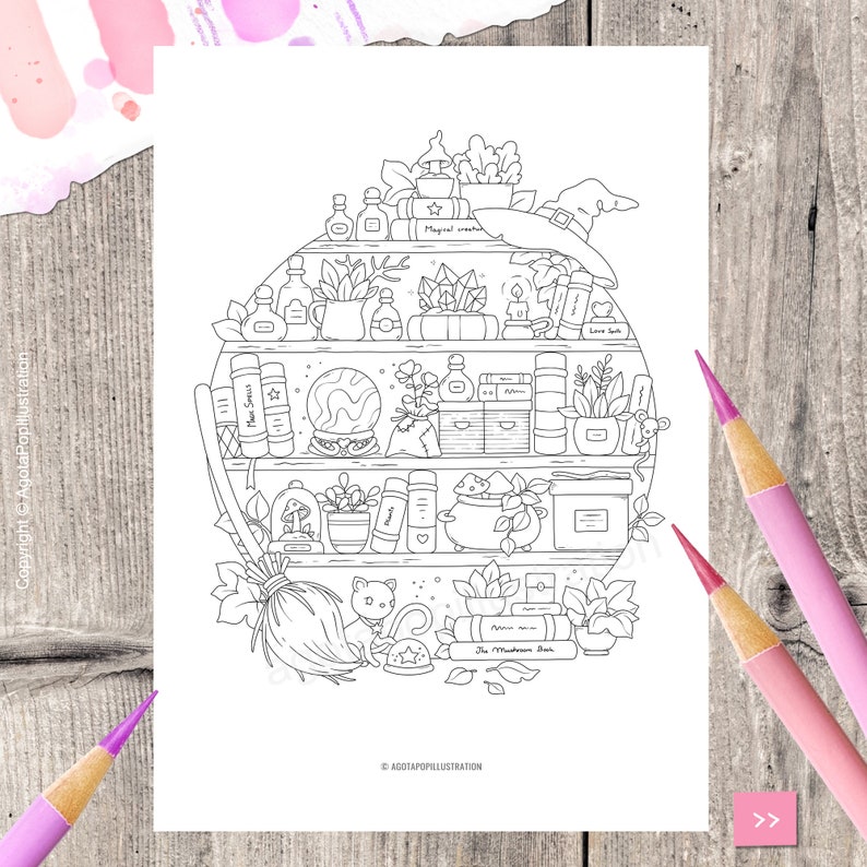 May include: A black and white line drawing of a witch's shelf with potions, books, plants, a cauldron, a crystal ball, a broom, and a cat. The shelf is in the shape of a circle and has the text "Magical creations", "Love Spells", "The Mushroom Book", and "The Herbs Book" on it.