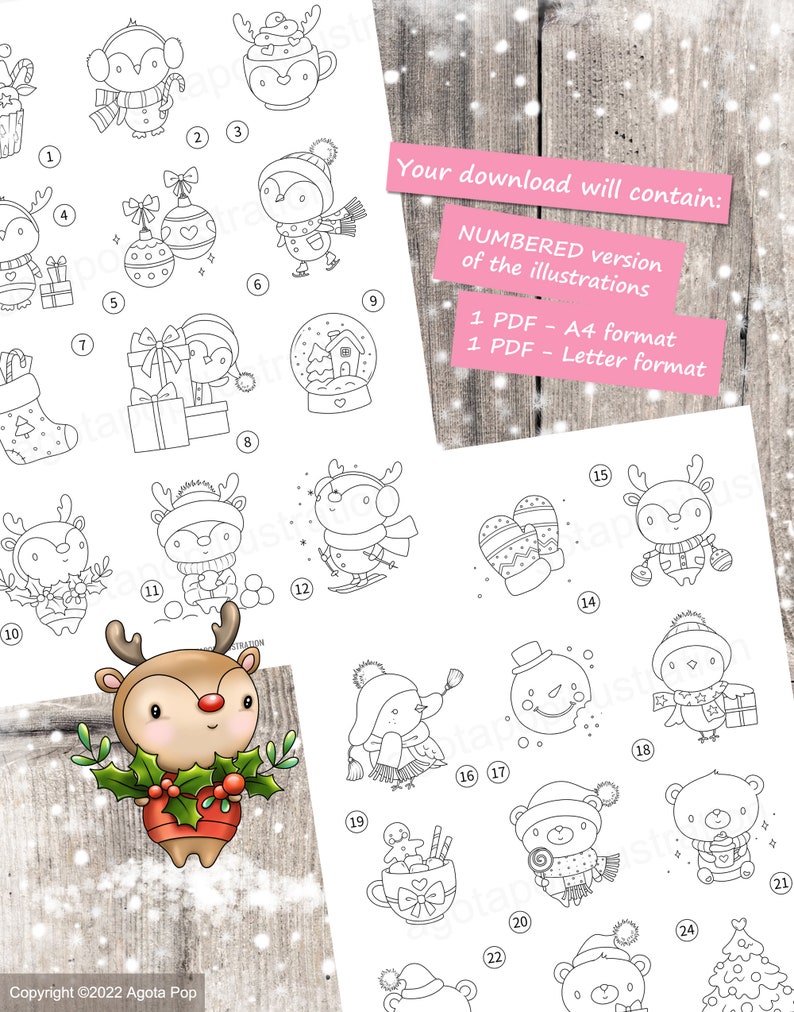 Cute Christmas Calendar Colouring Page Set for Adults and Kids. 24 tiny illustrations. Printable PDF. Instant download. image 3