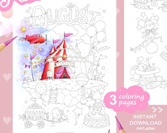 Set di pagine da colorare di August Tiny Illustrations – Circo Magico. PDF stampabile.