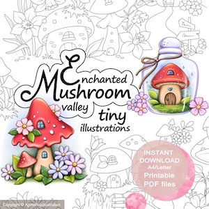 Enchanted Mushroom Valley Tiny Illustrations Colouring Page Set for Adults. 26 tiny illustrations. Printable PDF. Instant download.