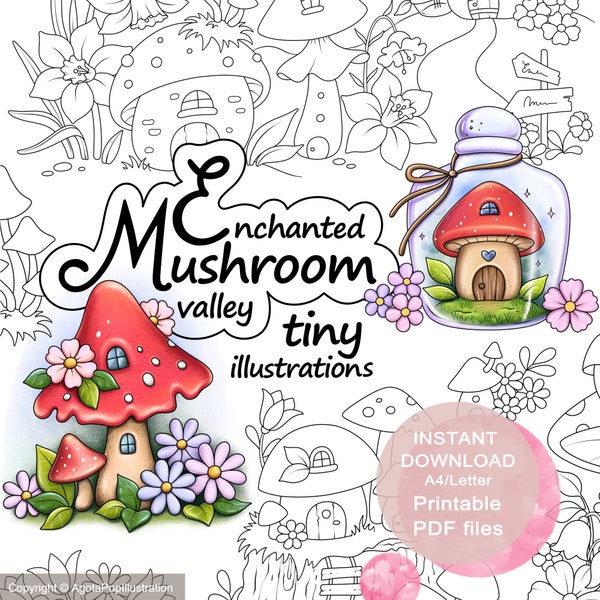 Enchanted Mushroom Valley Tiny Illustrations Colouring Page Set for Adults. 26 tiny illustrations. Printable PDF. Instant download.