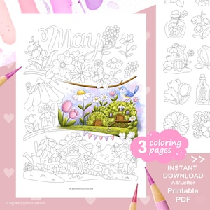 Puede incluir: Una página para colorear en PDF imprimible con la palabra "May" en una fuente caprichosa. La ilustración presenta un pueblo de hadas, flores y un pájaro azul. La imagen incluye el texto "3 páginas para colorear" y "Descarga instantánea A4/Carta PDF imprimible".