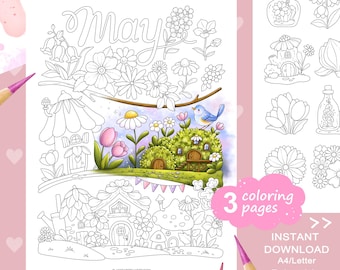 Set di pagine da colorare con piccole illustrazioni di maggio - Motivi floreali fantasiosi. PDF stampabile.