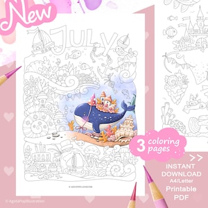 May include: A printable coloring page featuring the word JULY, a whale wearing a party hat with a small castle on its back, surrounded by underwater elements like coral, seashells, fish, a ship in a bottle, and a cake, with 3 coloring pages text.