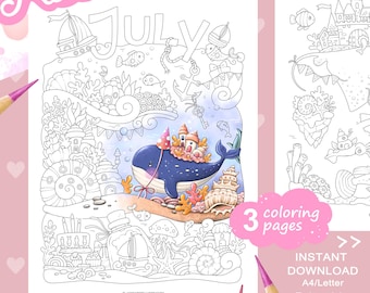 Conjunto de páginas para colorear de Tiny Illustrations de julio: Ciudad submarina. Fiesta de peces. PDF imprimible.
